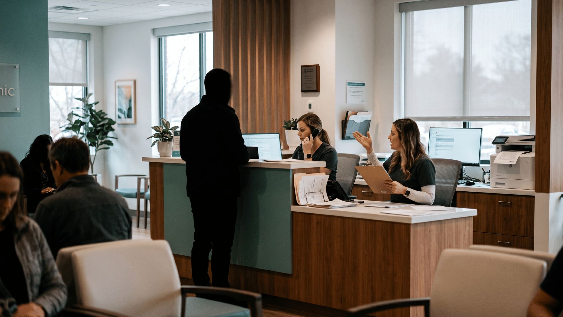 Modmed front desk staff managing patient checkout in a busy specialty practice waiting area