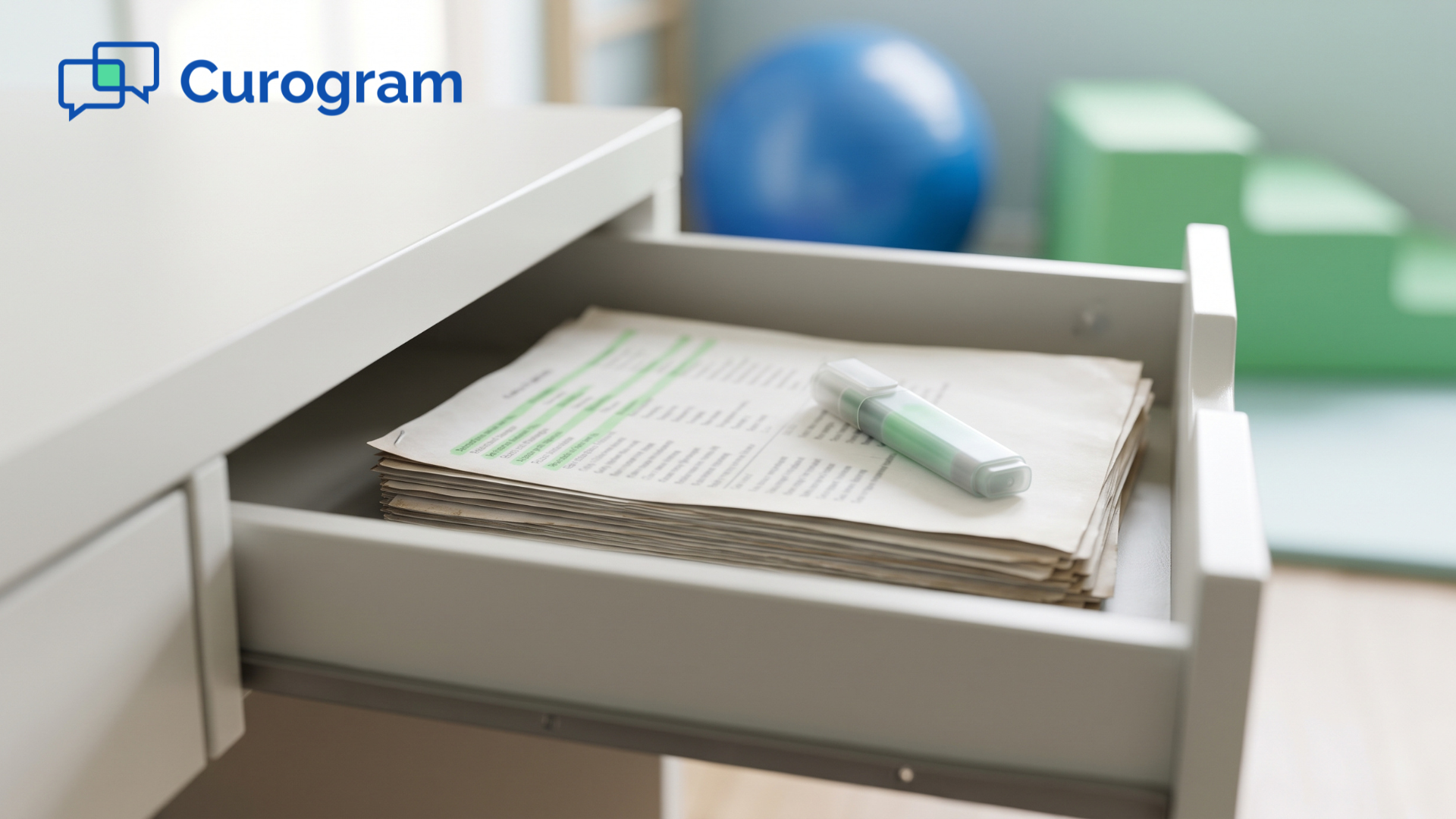 Open drawer of unfinished paused-family call lists in a bright pediatric therapy clinic