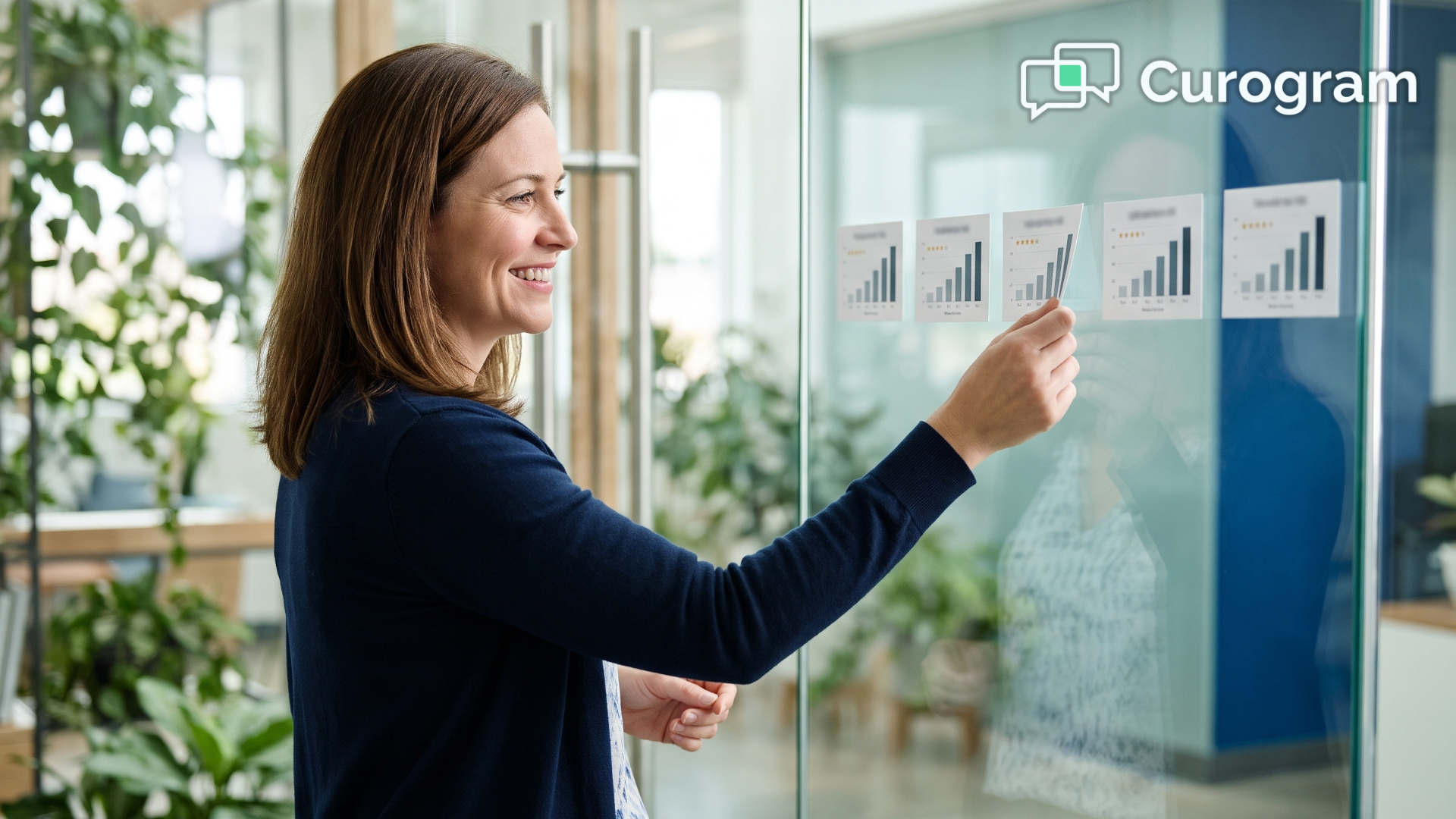 Practice administrator tracking Google review growth by clinic location on a glass wall