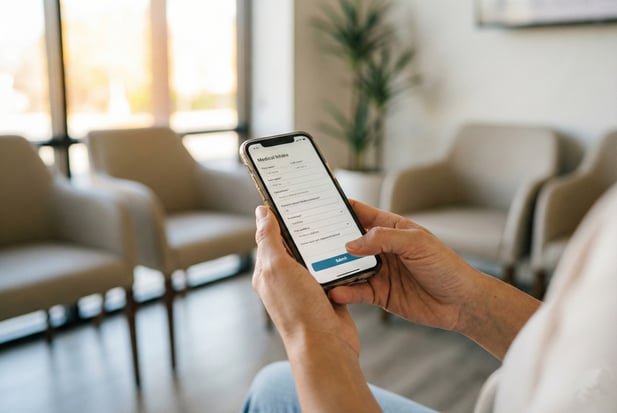 Patient completing a digital medical intake form on a smartphone in a clinic waiting room