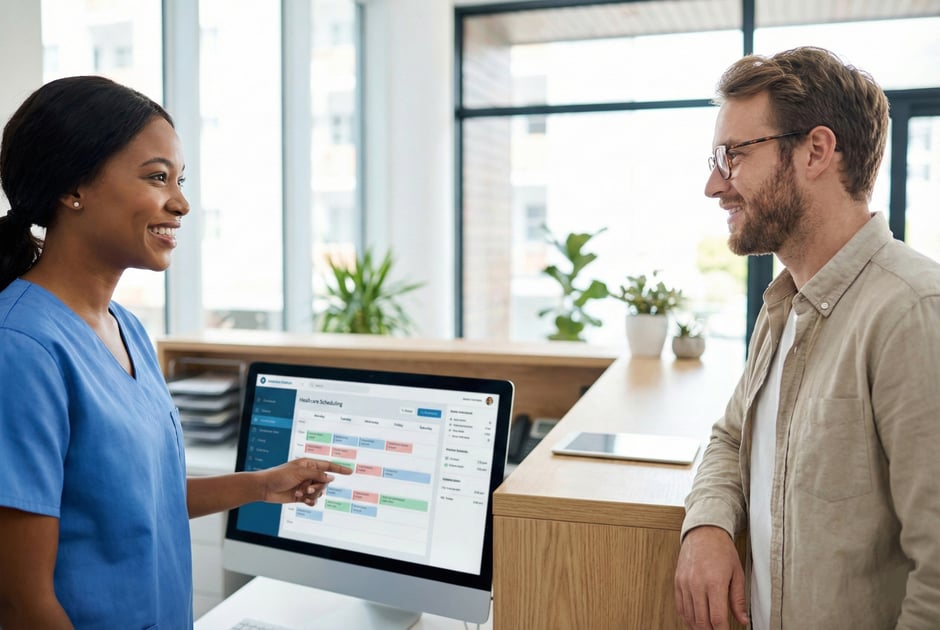 A smiling clinic receptionist pointing to a screen while assisting a patient at the front desk