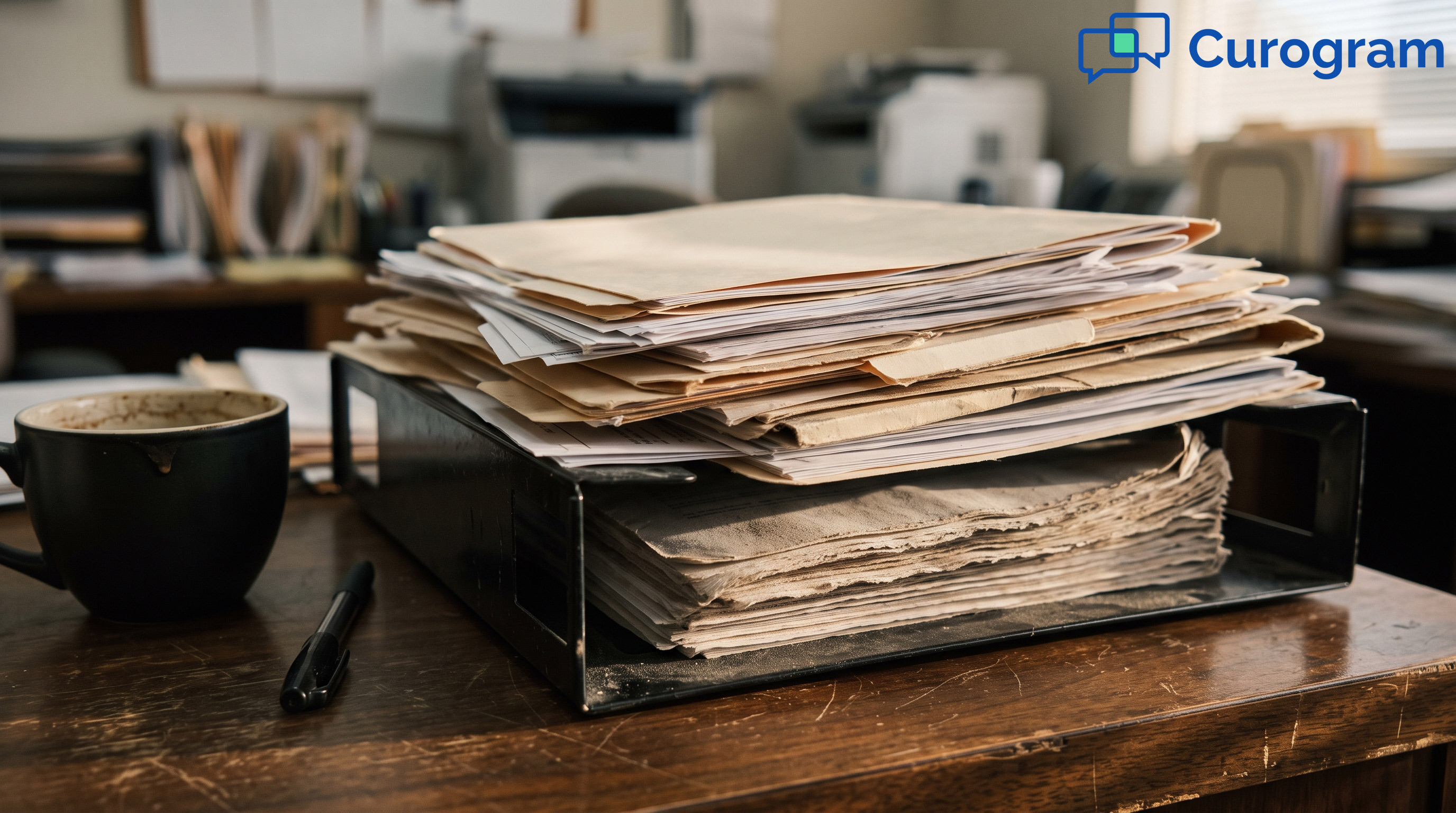 Stack of paper buried under medical folders in a desk tray beside a coffee mug