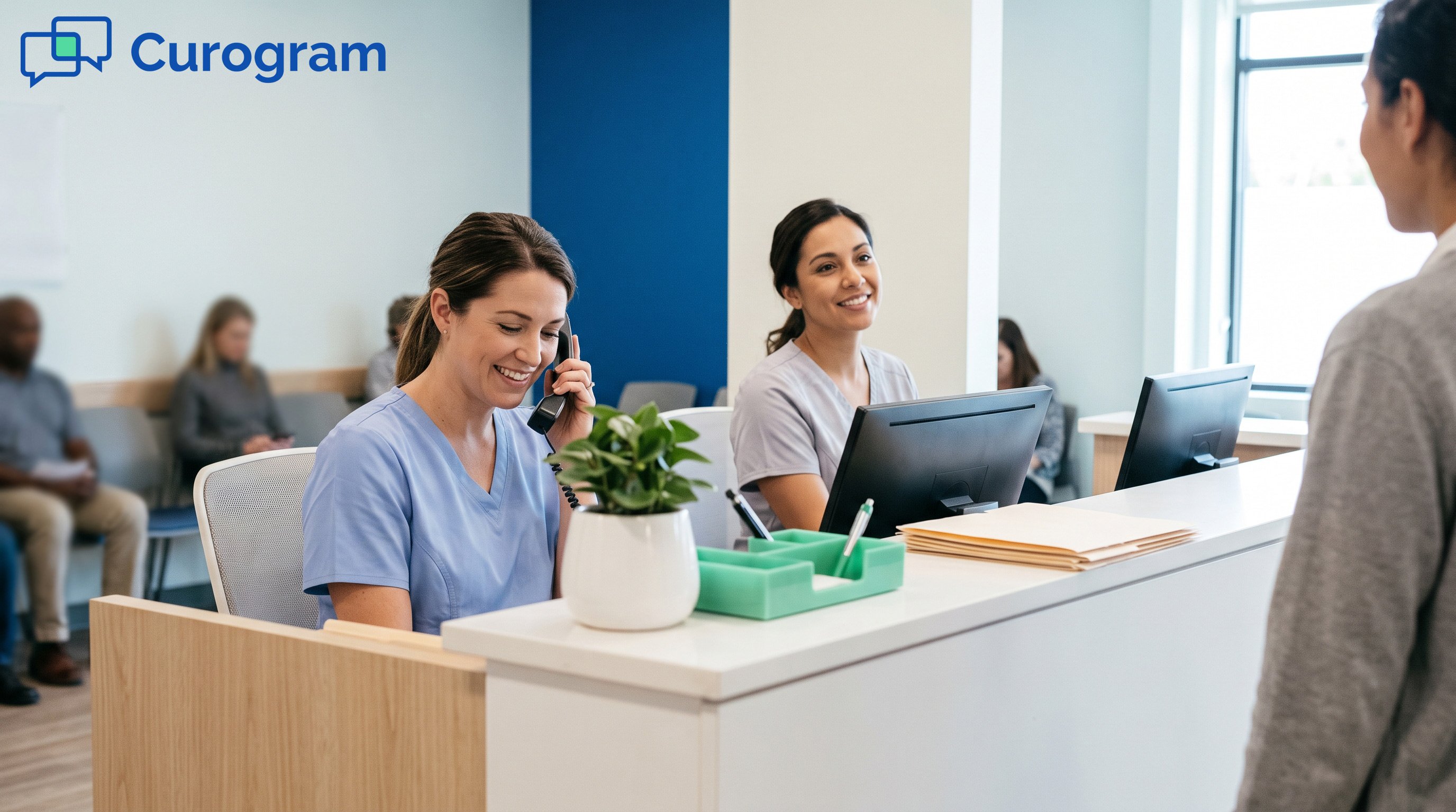A busy medical front desk with two officers working side-by-side