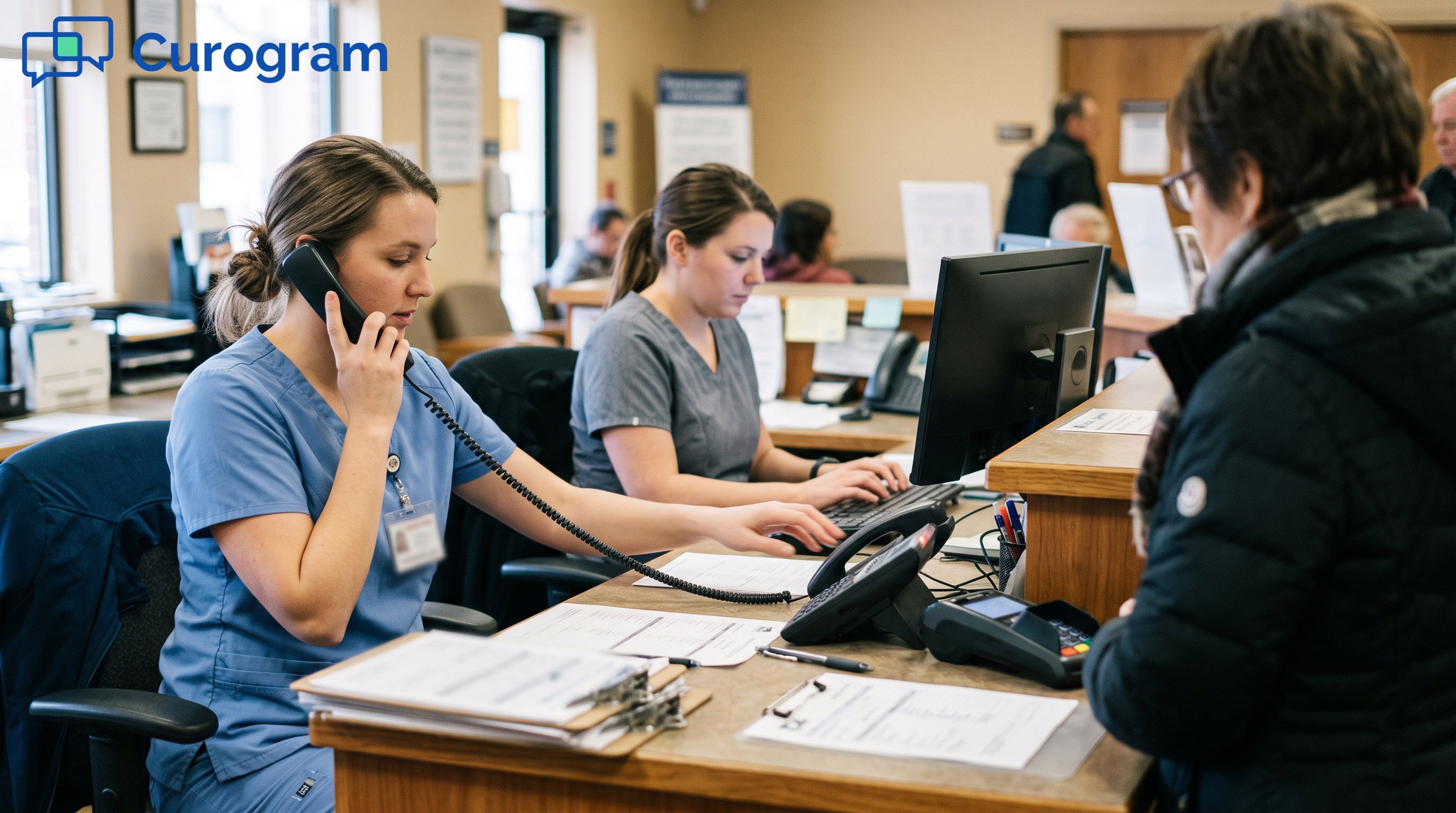Busy front desk staff with patients coming in