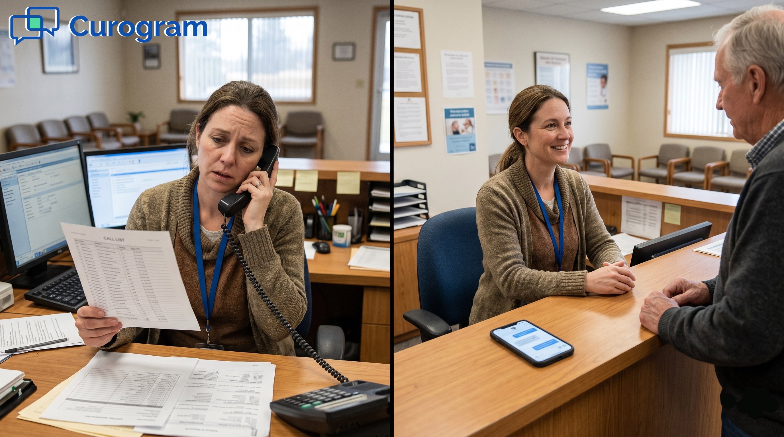 Frazzled receptionist on the phone vs. A smiling receptionist smiling at a patient