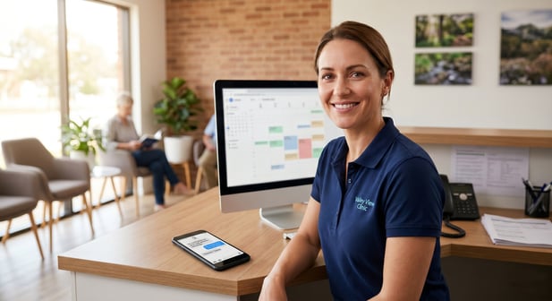 Clinic receptionist smiling with a full calendar of appointments behind her