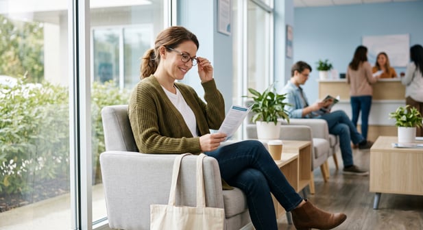 A patient smiling while reading a brochure in a modern healthcare waiting room