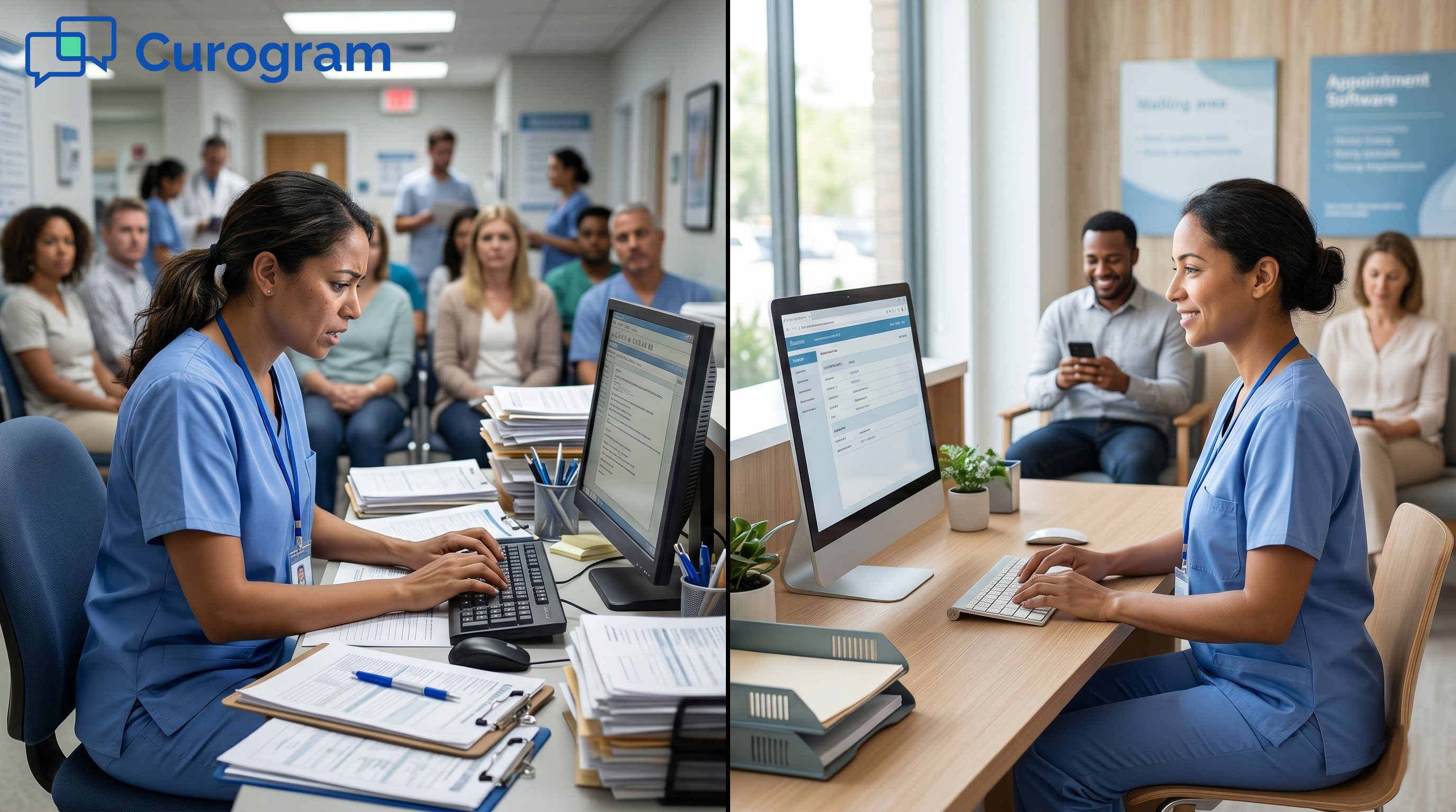 Stressed receptionist versus efficient, digital clinic front desk