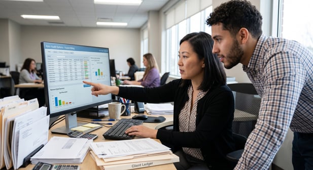 Medical billing staffing looking at a computer monitor containing billing matters