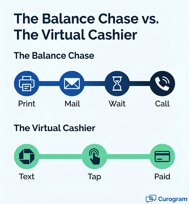 Infographic comparing paper billing (slow) to text-to-pay (fast) at a medical clinic