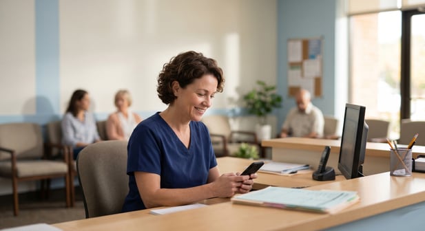 Modern clinic front desk: Stress-free staff using a smartphone