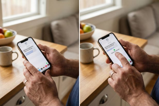 Patient hands using a smartphone to easily pay a medical bill via text message link