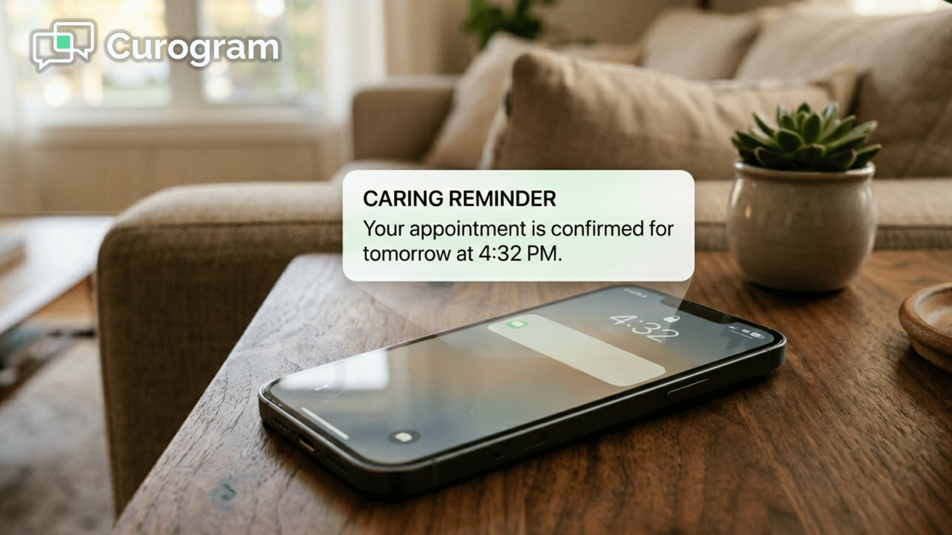 Smartphone showing an appointment reminder text notification on a warm wooden table