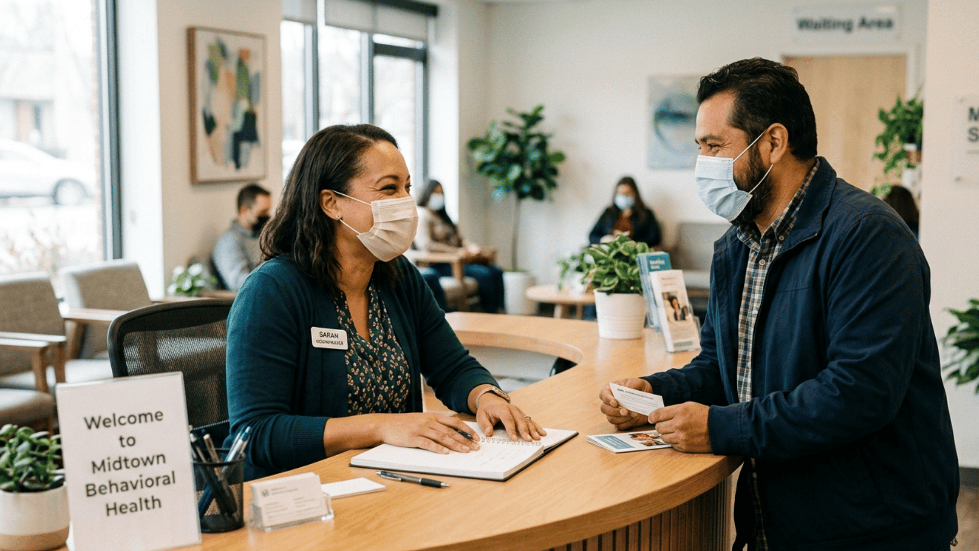 Care coordinator talking with a client at a behavioral health practice front desk