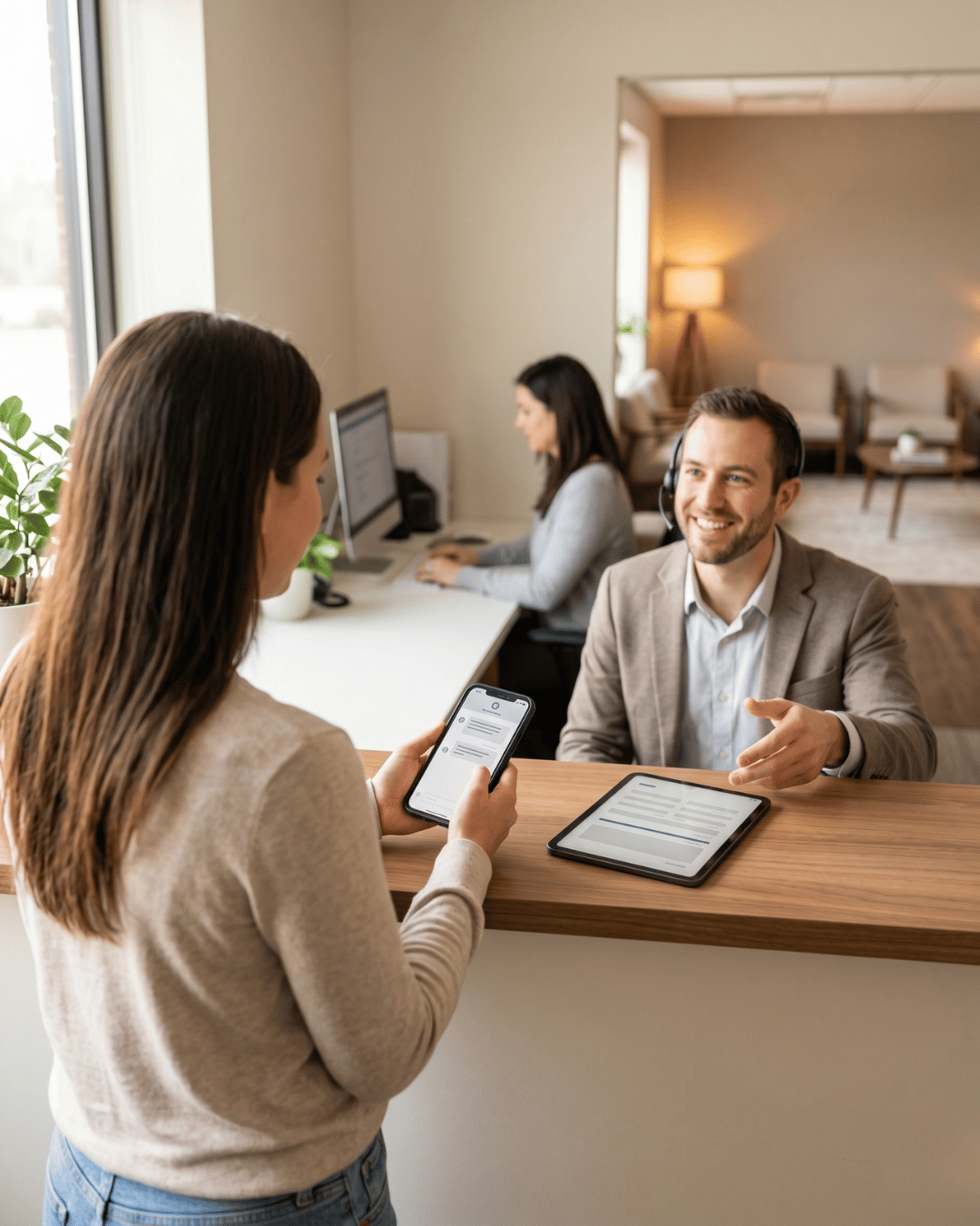 Patient checking in by text at a behavioral health clinic, easing front-desk and clinician workload.