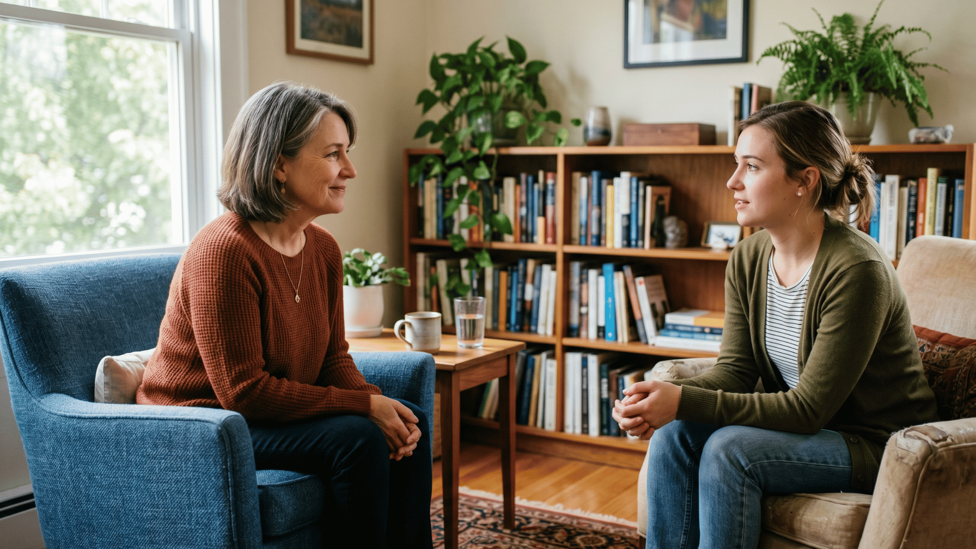 Therapist and client starting a calm first behavioral health session, no paperwork
