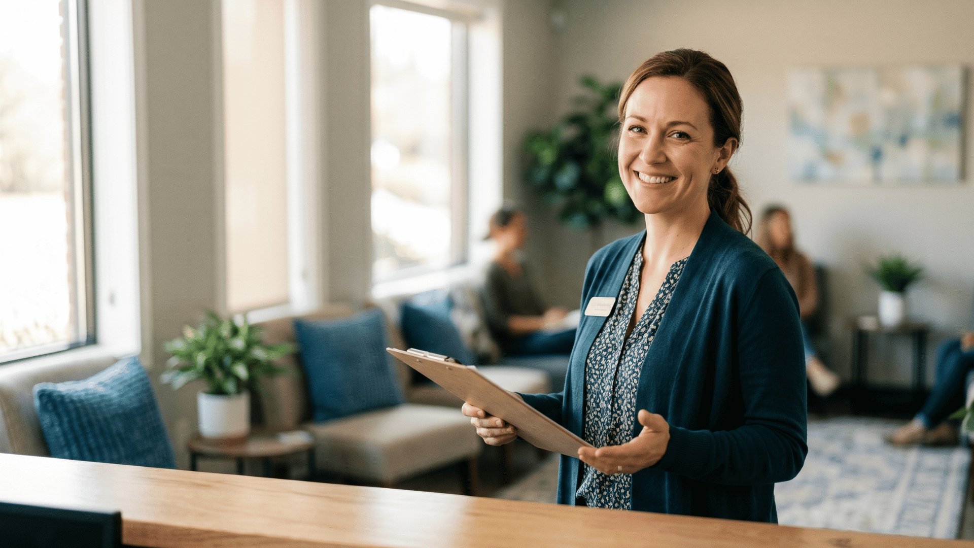 Behavioral health front-desk staff warmly greeting an arriving client at reception