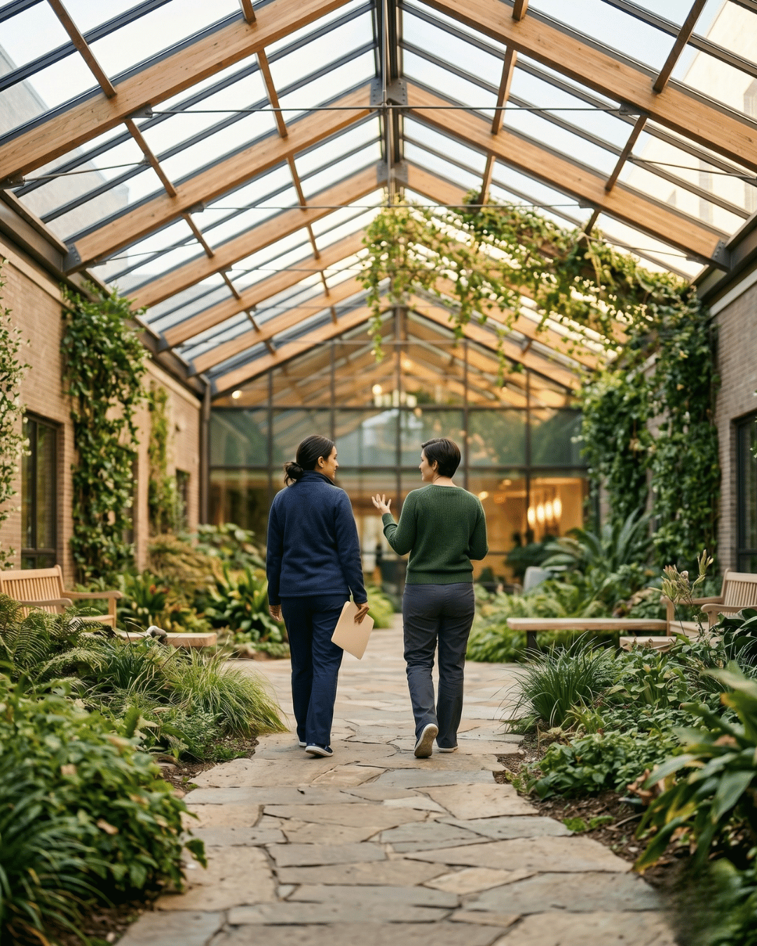 Two clinicians walking in a clinic garden showing peer support for behavioral health team leads