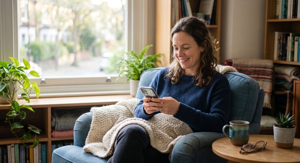 Comfortable, smiling client at home, representing a positive behavioral health outcome