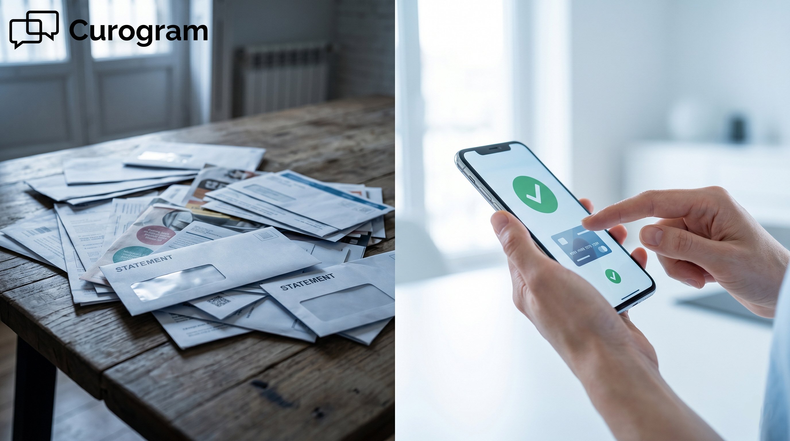 Split screen showing a stressful pile of paper mail next to an easy mobile credit card payment