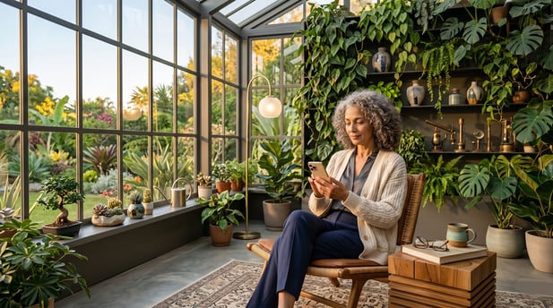 Relaxed elderly woman at home, calmly texting on a smartphone in natural window light