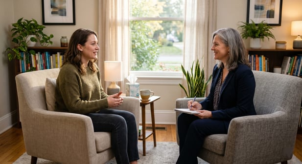 A patient talking to a therapist in a comfortable environment