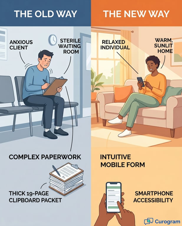 Infographic comparing stressful paper intake at a clinic with relaxed mobile intake at home
