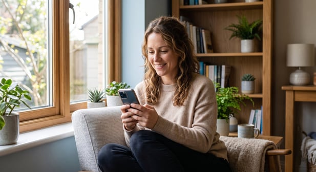 Hopeful patient reading behavioral health provider reviews on smartphone at home