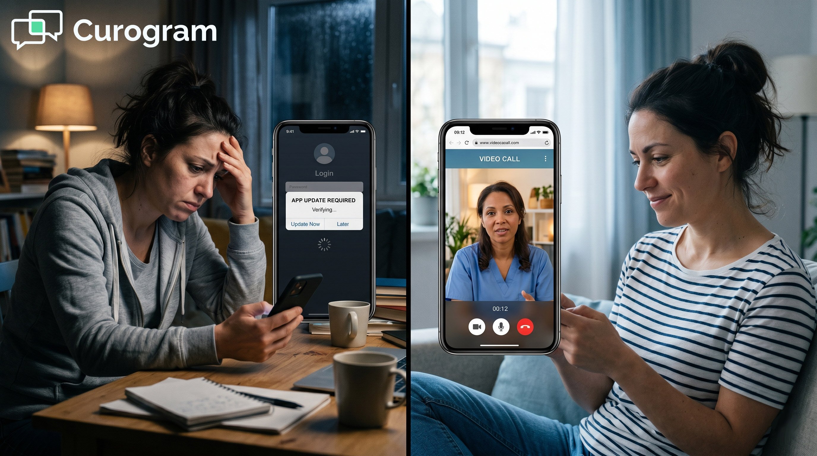 Diptych photo contrasting tech friction and smooth connection in browser-based telehealth