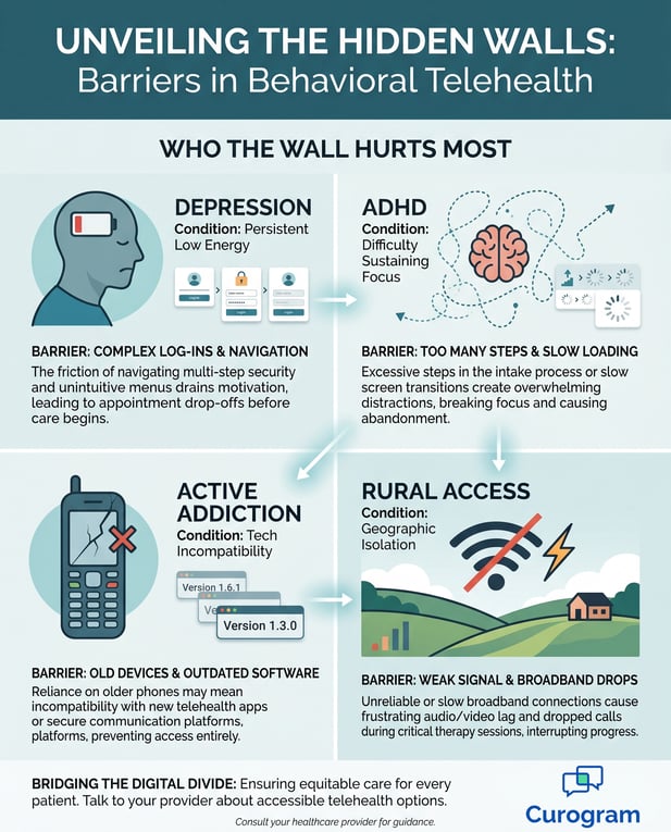 Infographic on hidden walls and barriers to accessing behavioral telehealth care