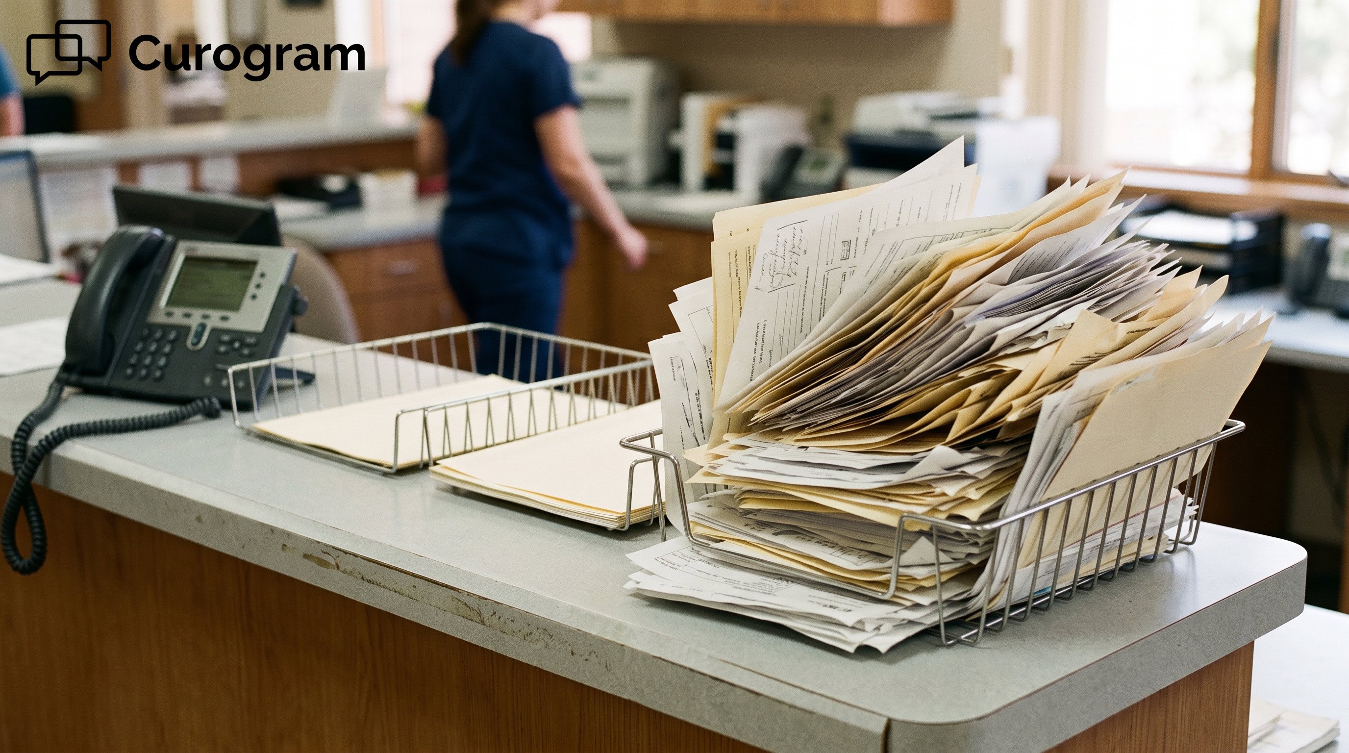Counter in a medical office filed with folders and filing trays