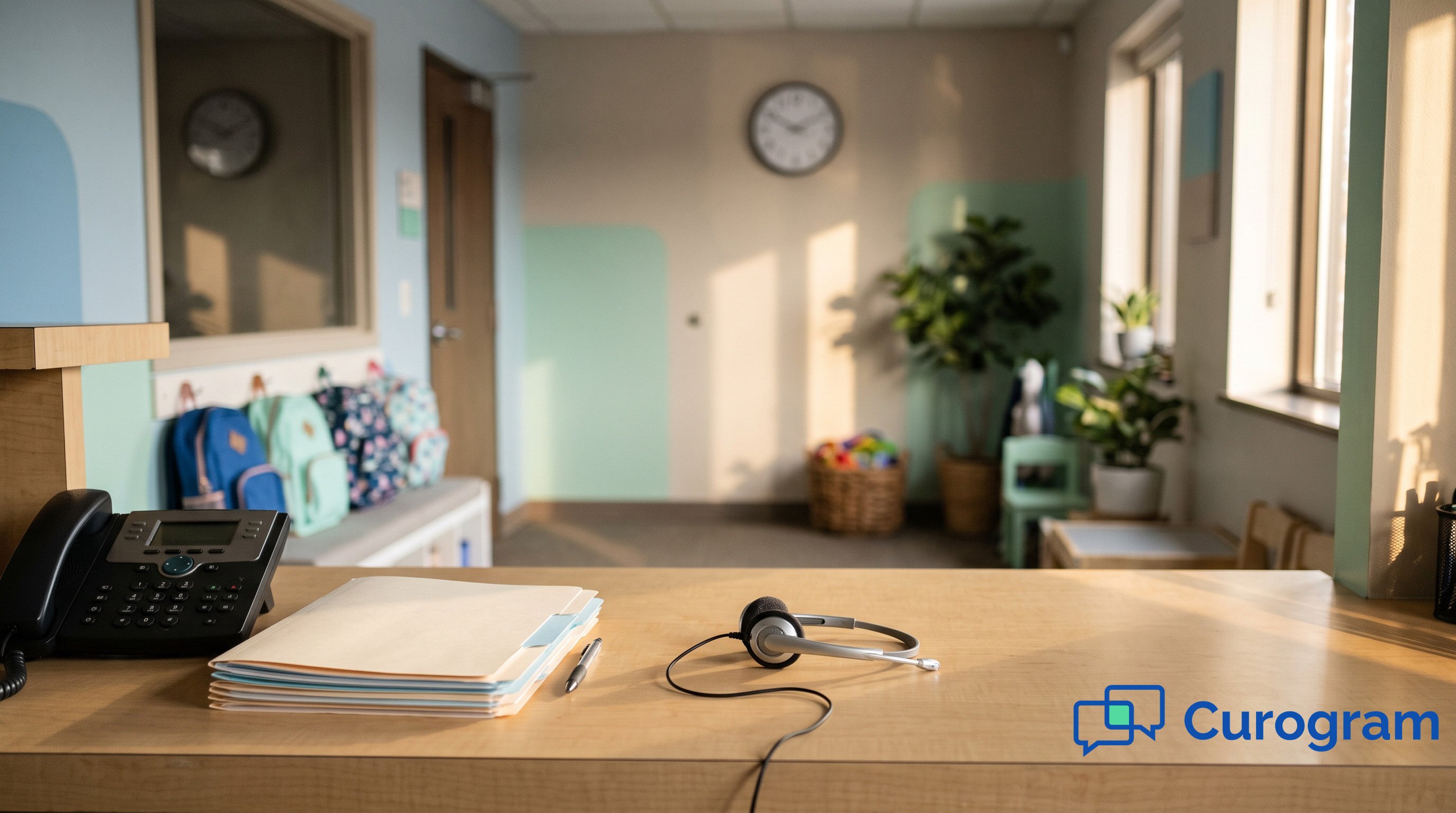 A therapy clinic front desk in late afternoon with a headset, a desk phone, and children's backpacks lined up by the door