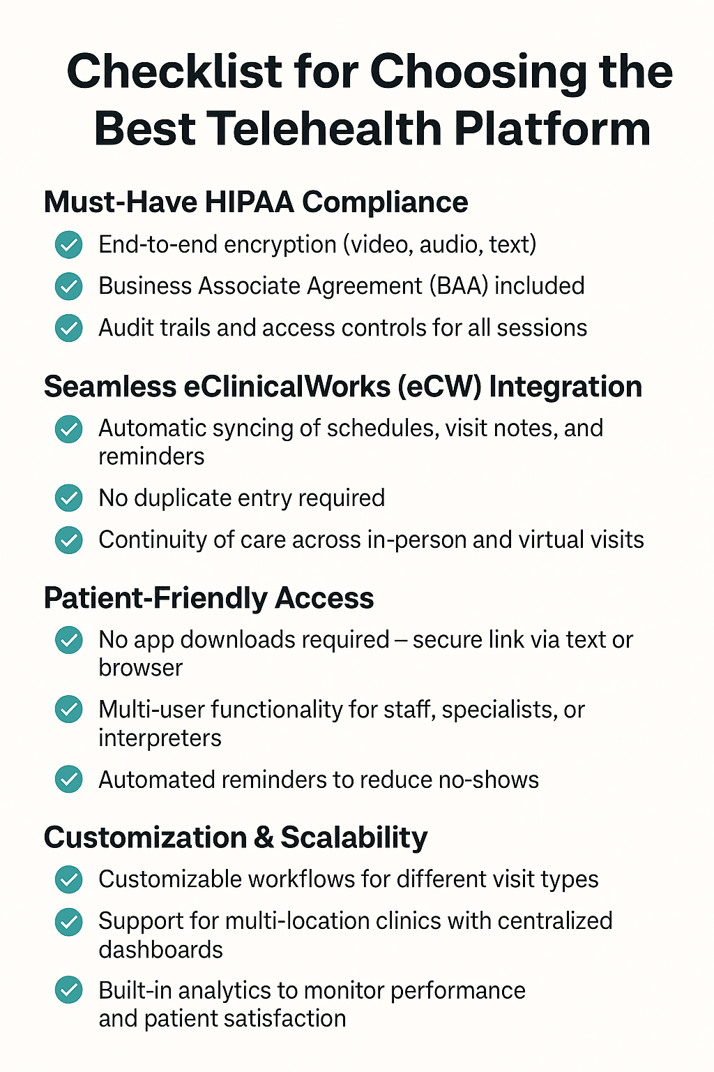 Checklist on what to look for in the best HIPAA-compliant telehealth solution for eCW.