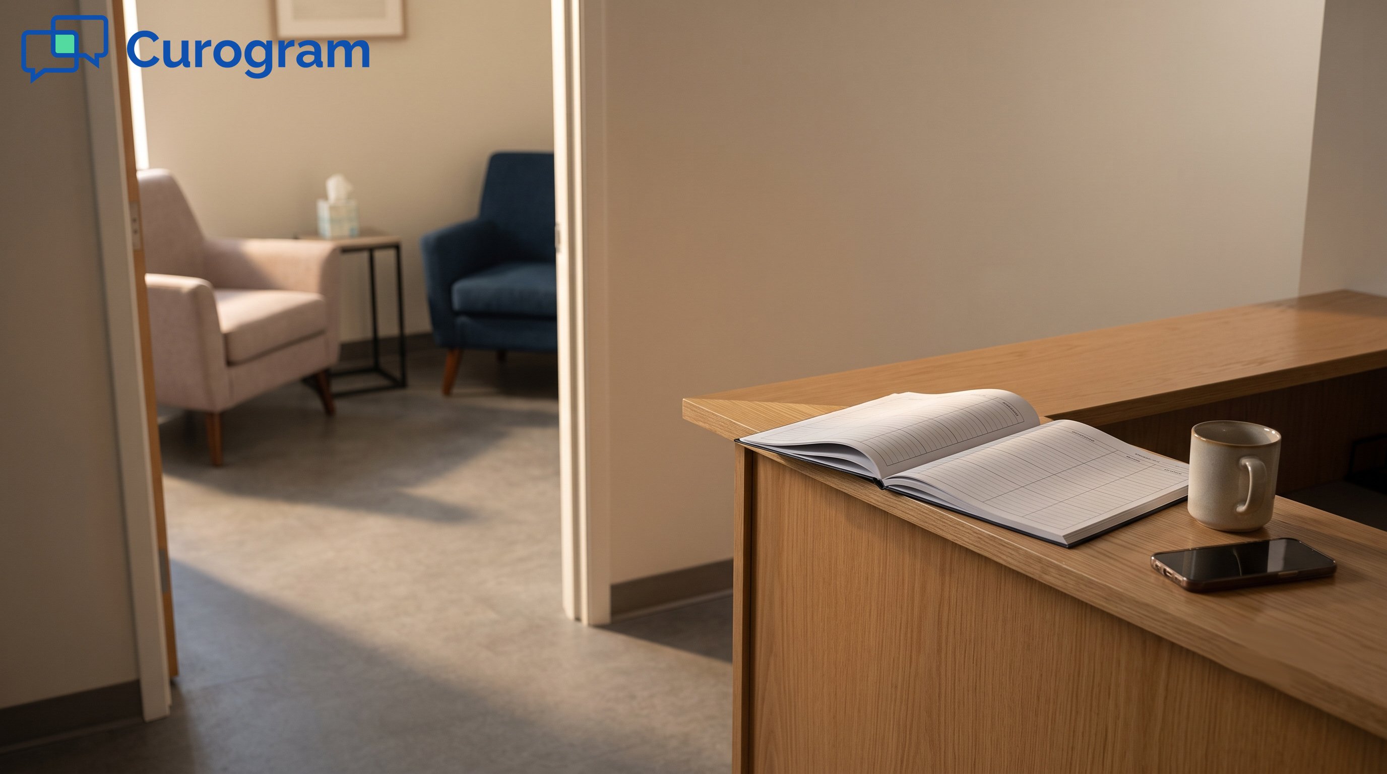 Calm therapy practice reception with an open appointment book and a face-down smartphone