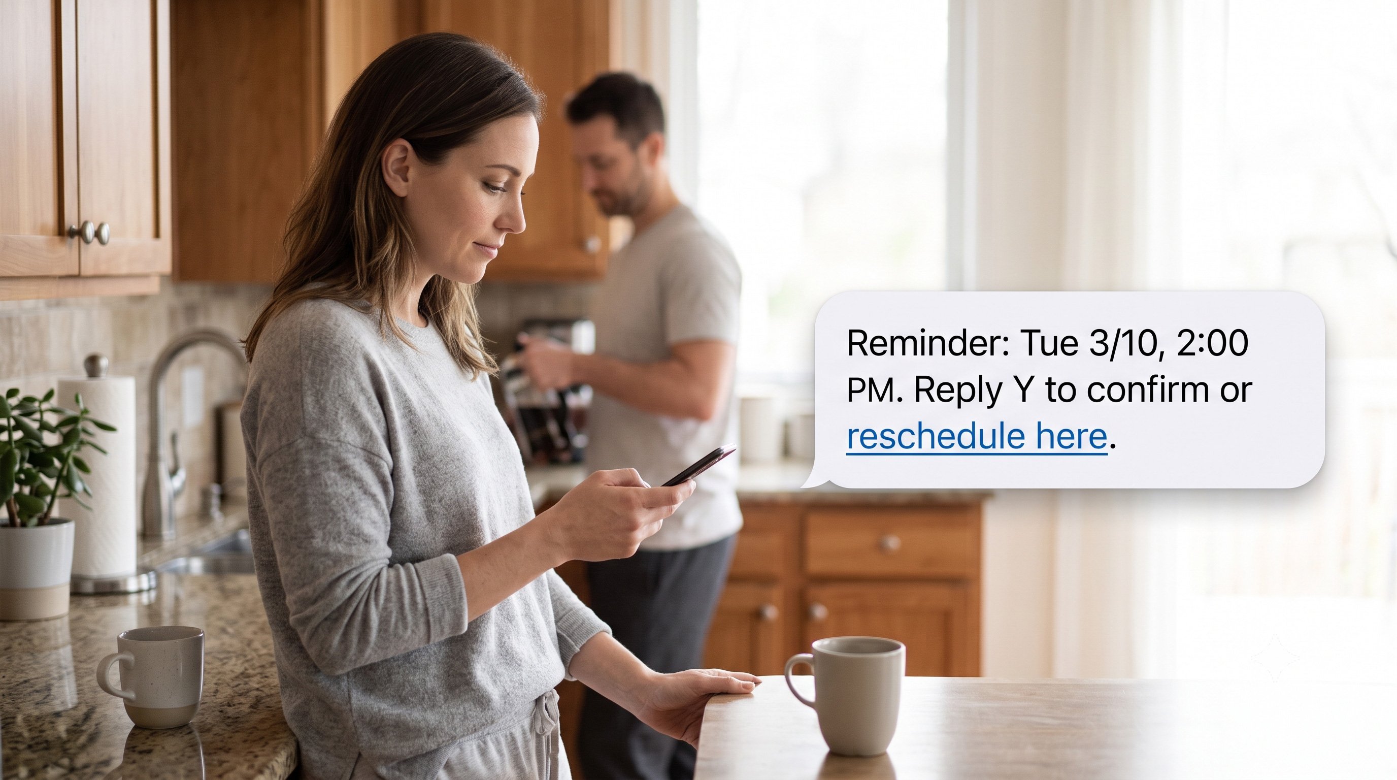 A woman checking a private, text-only appointment reminder on her phone