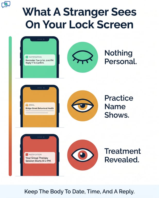Comparison showing increasing levels of medical privacy on phone lock screens