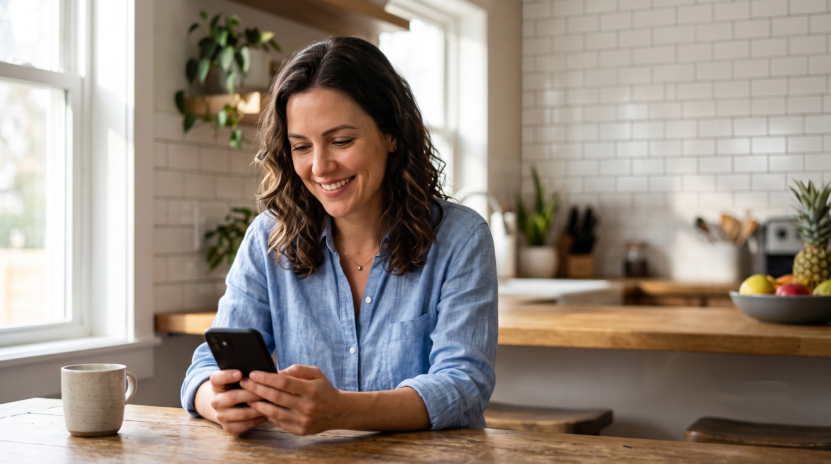 Patient smiling while viewing an automated clinic appointment reminder on her smartphone
