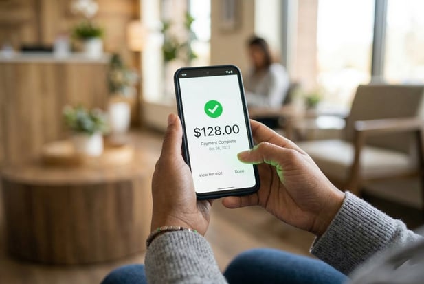 Successful mobile healthcare payment showing green checkmark and amount on smartphone