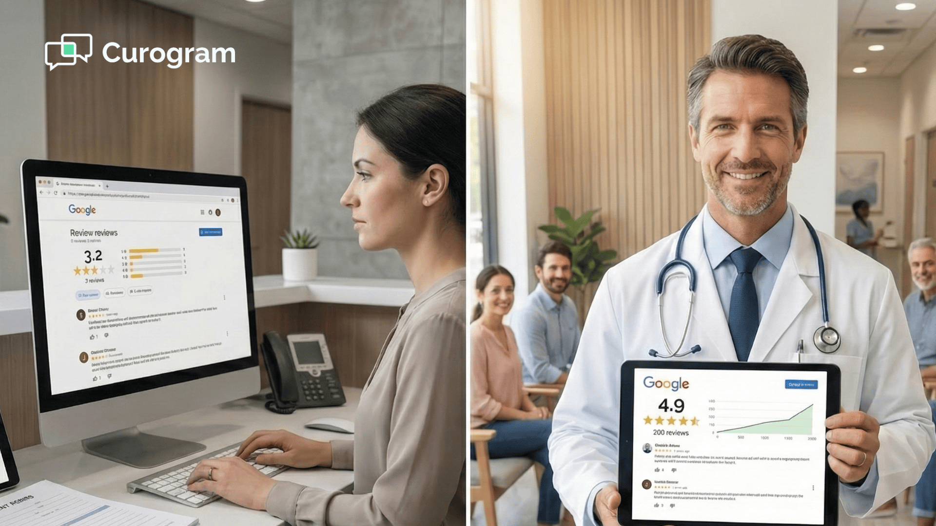 Before and after Google reviews showing increased patient trust for an Allscripts medical practice