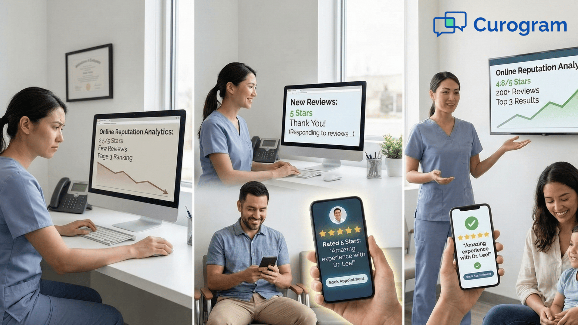 Infographic comparing search ranking before and after improved online dental reviews.