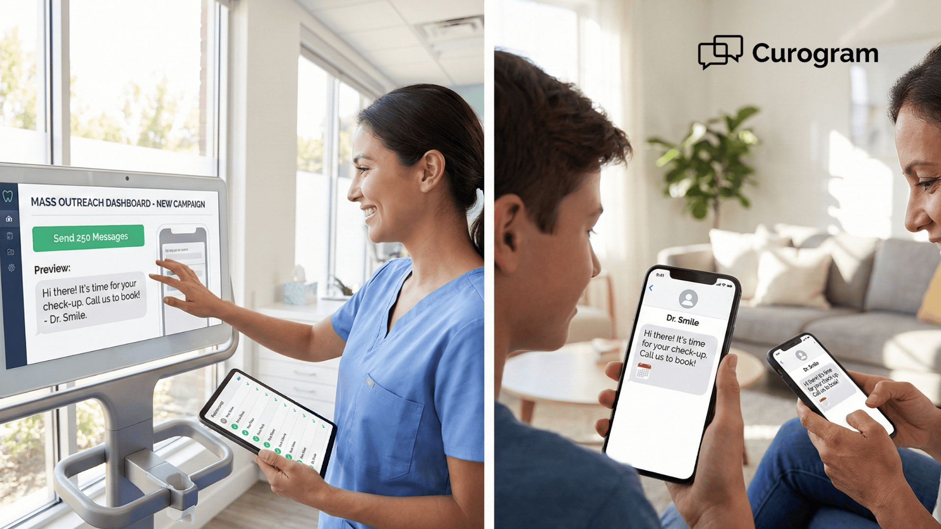 Dental staff sending mass texts while families receive Dolphin outreach messages.