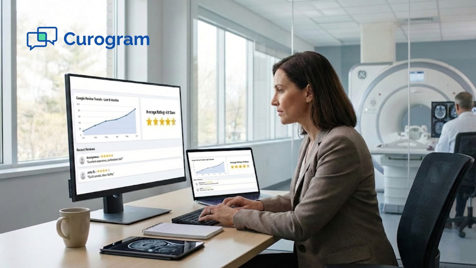 Radiology executive reviewing Google ratings and patient feedback dashboard inside imaging center
