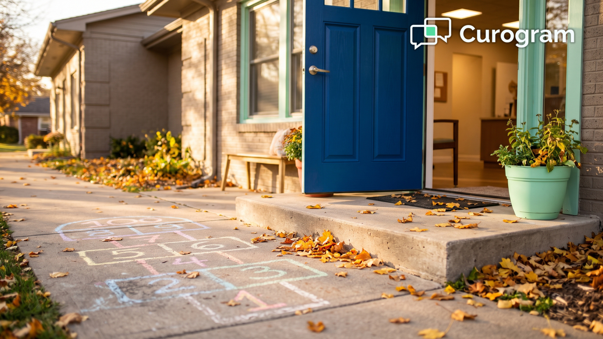 Pediatric therapy clinic door left open in autumn, a welcome back for paused therapy families