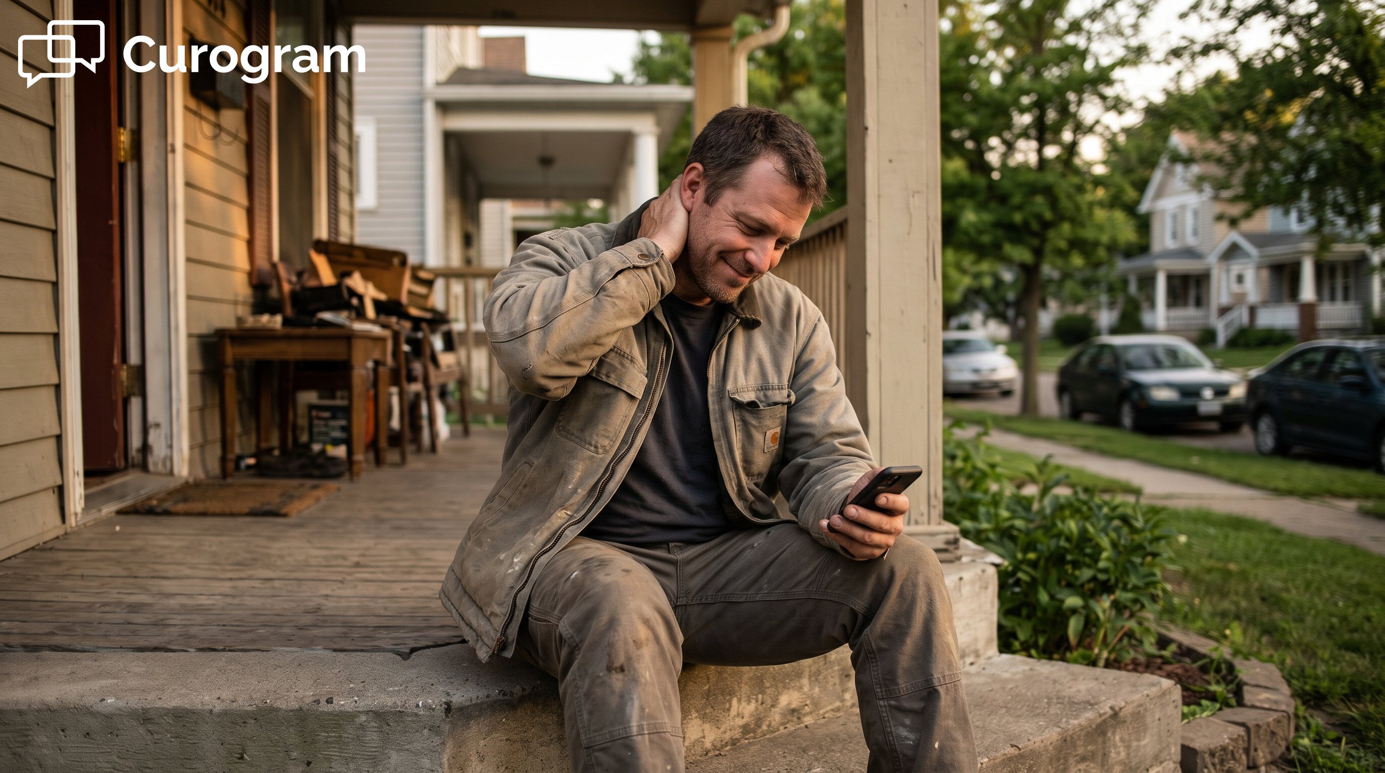 A man on his porch smiles at a text from his clinic while rubbing his stiff neck