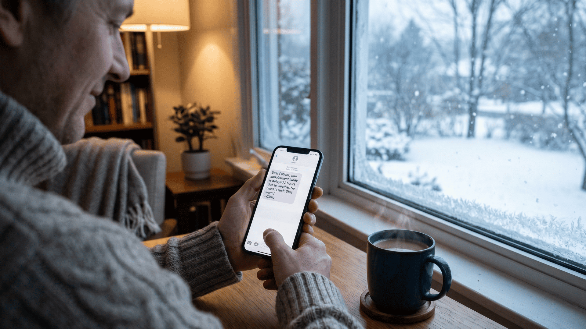 Patient reading a clinic schedule-change text at home on a snowy winter morning