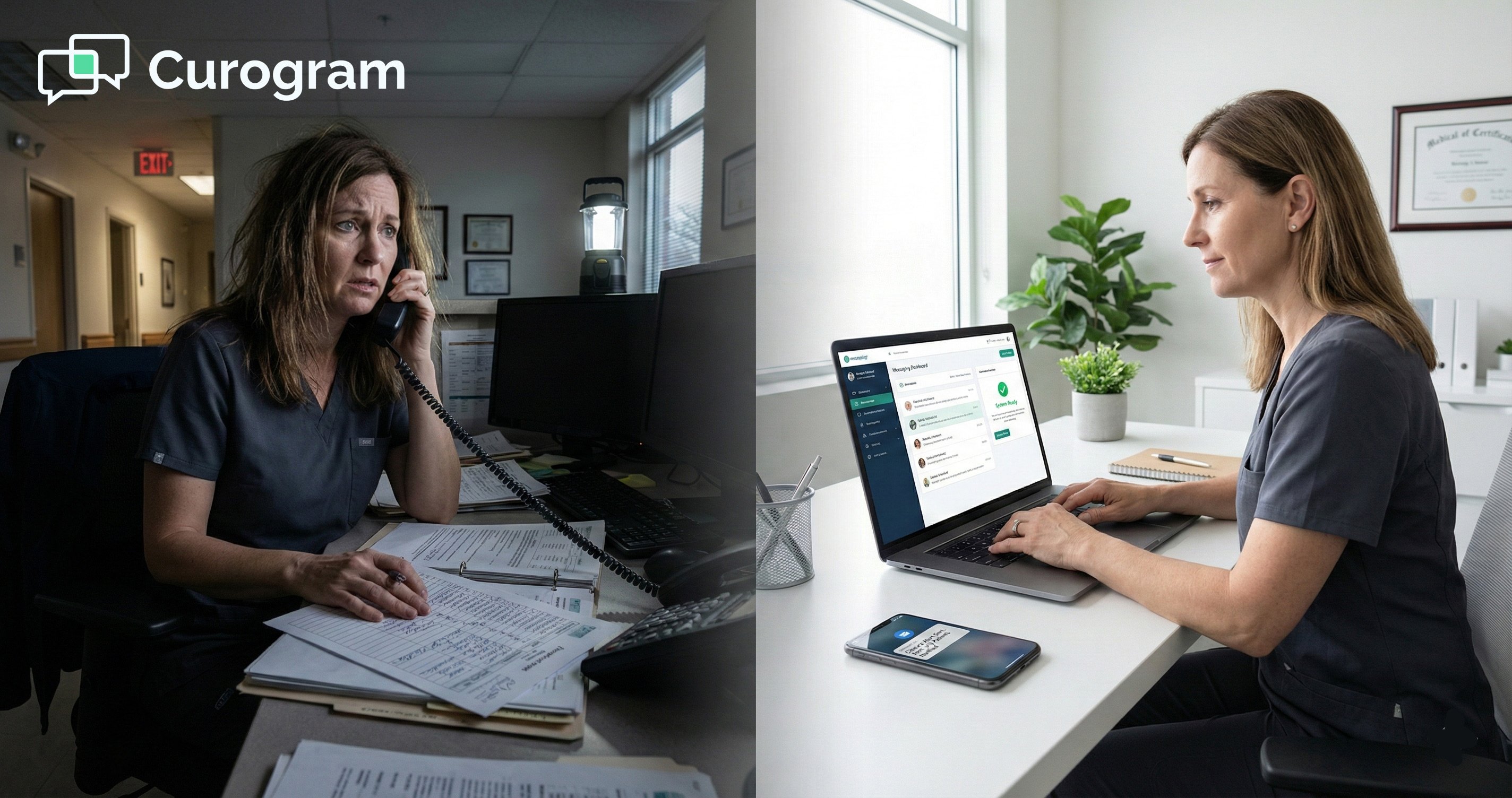 Split image contrasting chaotic medical office closure versus organized digital patient notification