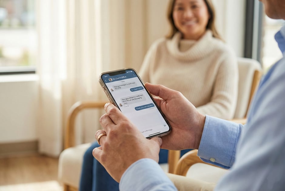 Patient using a secure healthcare messaging app on a smartphone in a modern clinic