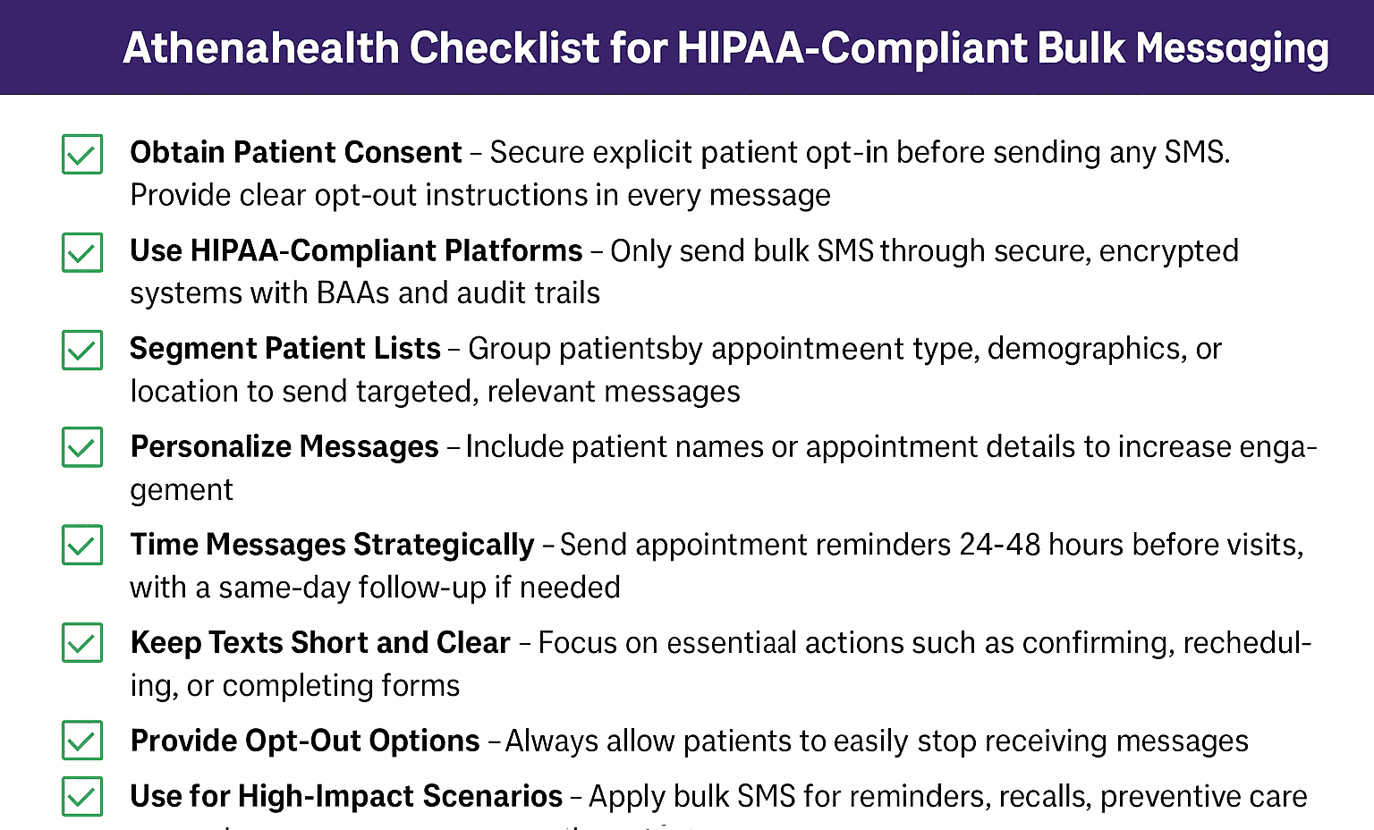 A checklist for HIPAA-compliant bulk SMS in Athenahealth clinics