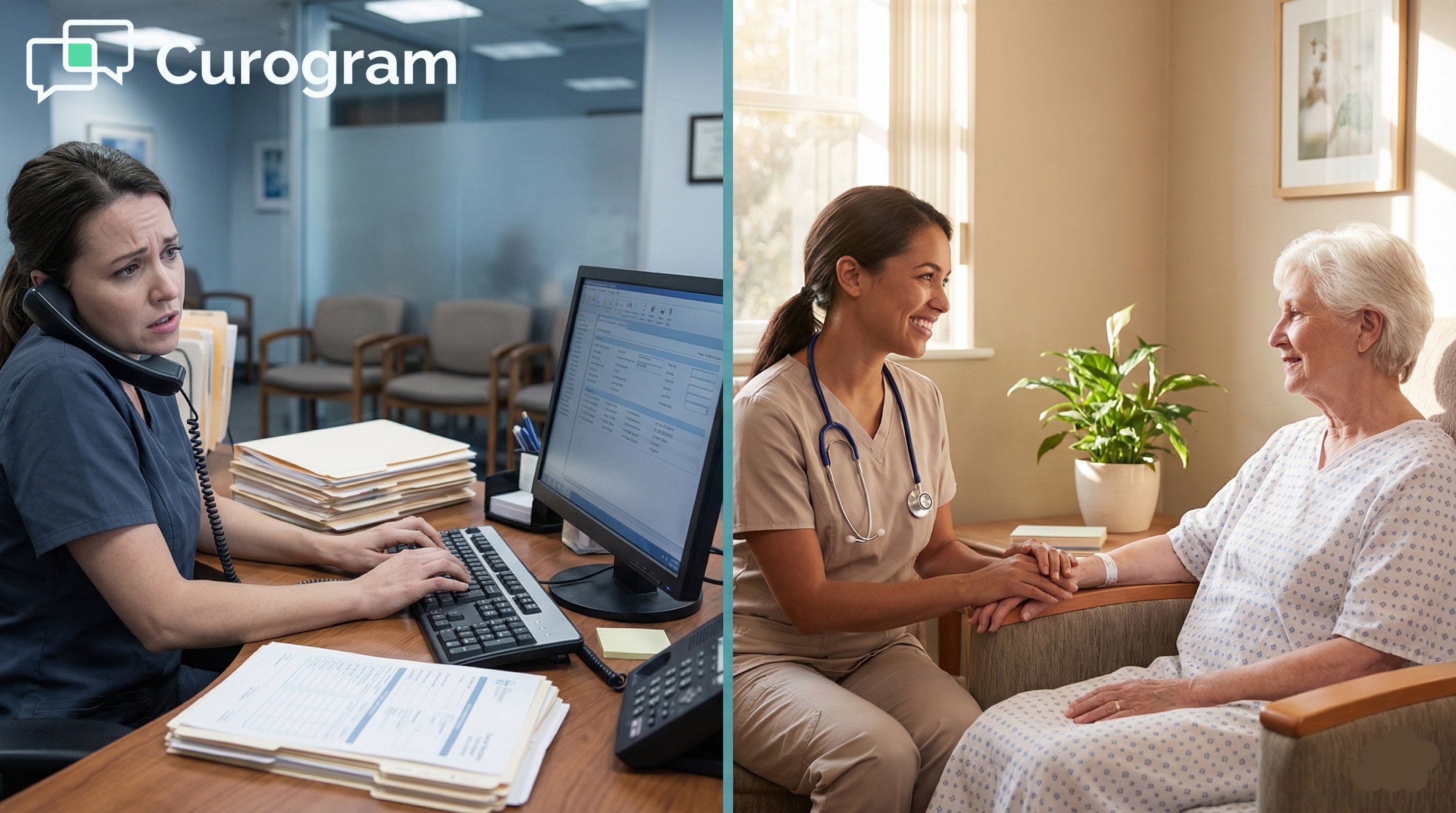 A split photo contrasting stressed front desk staff with focused patient care time