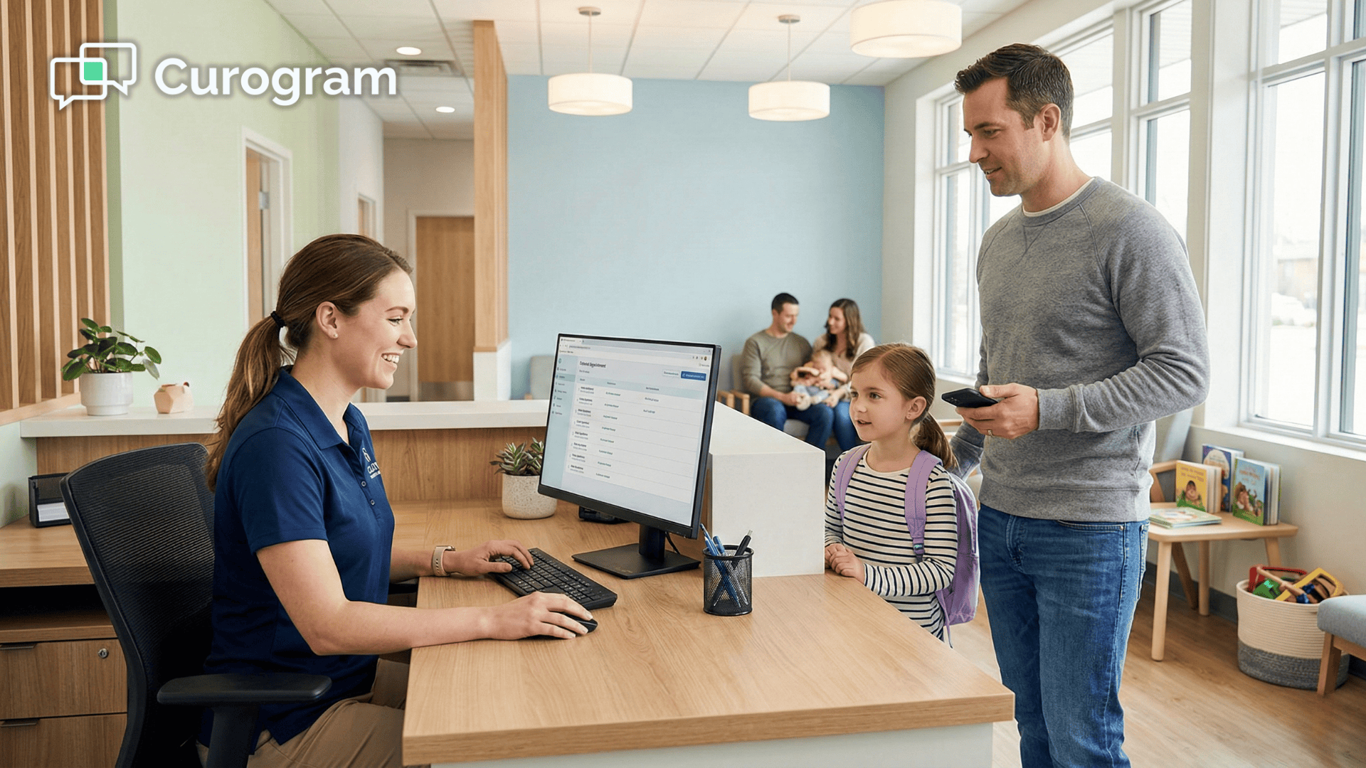 Parent checking in at a pediatric therapy front desk after confirming via text